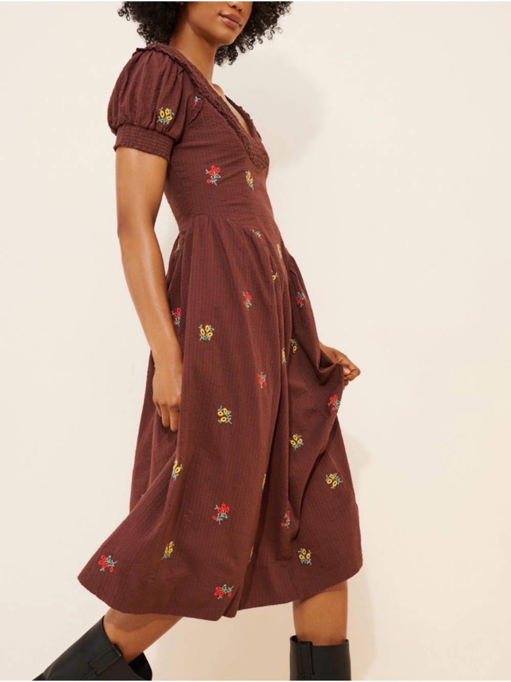 Free People Maisie Midi Brown Floral Embroidered Dress Small Boho Cottage Core